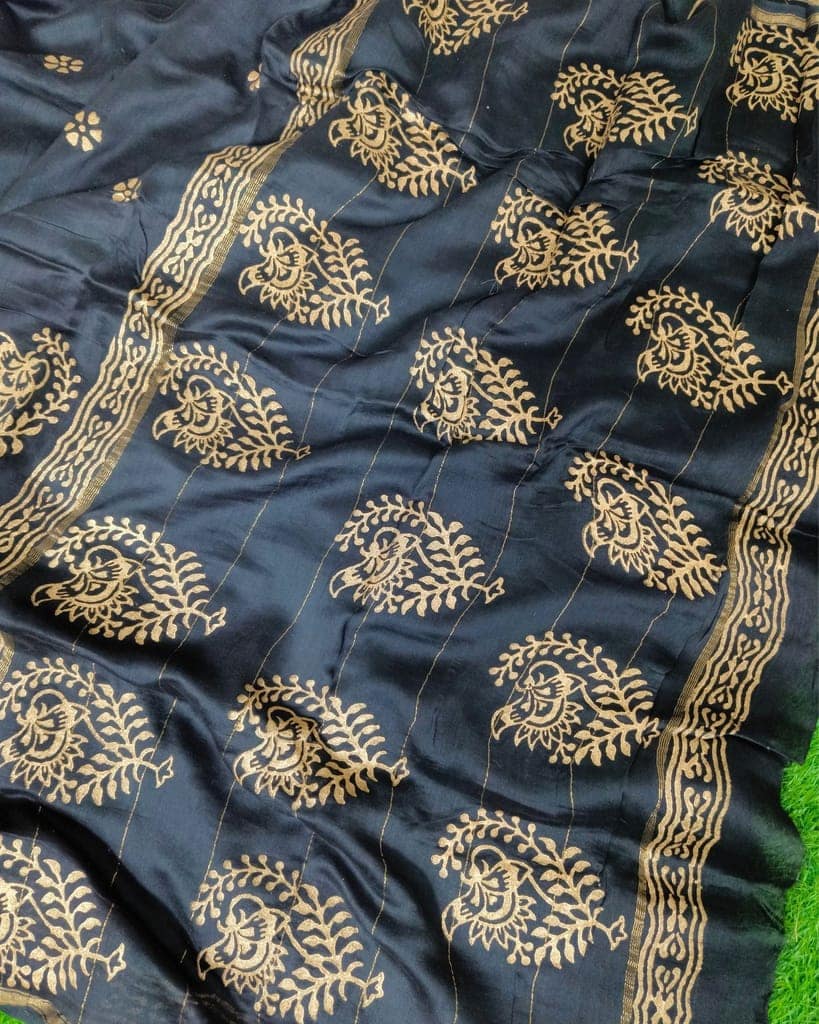 Chanderi Cotton Saree Block Print Black Color with running blouse-5656 view 4