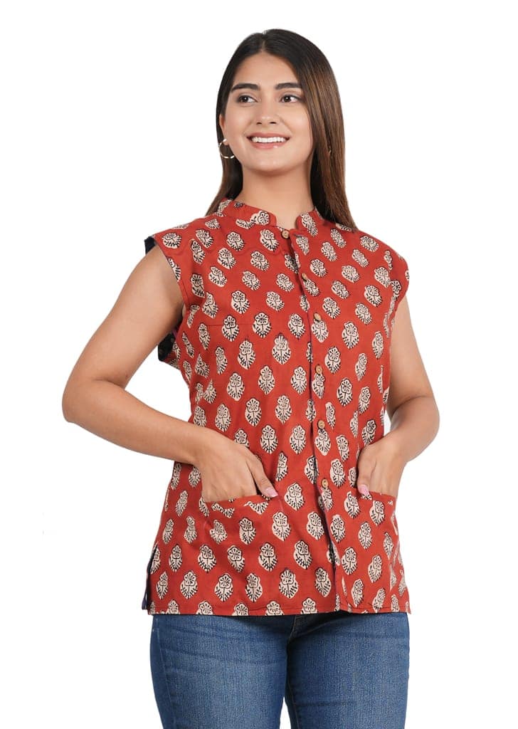 Tribes India Bagru Hand Block Printed Jacket - Red view 6