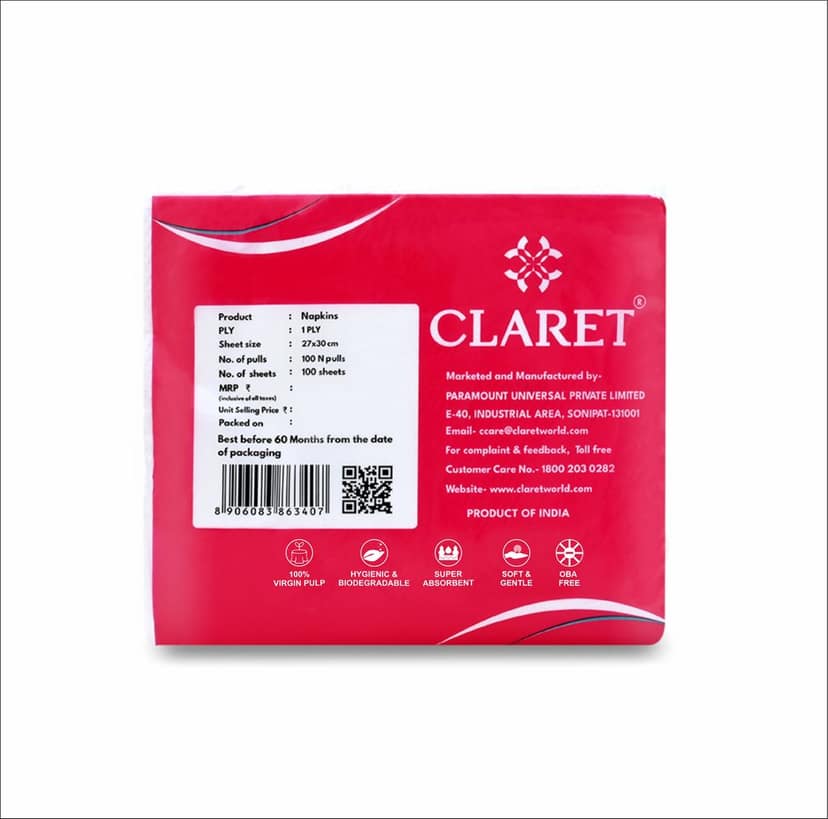 Claret 1-Ply White Napkins (5 Packs, 100 Sheets Each, 27x30 cm) - Soft, Absorbent Disposable Napkins for Kitchen Use, Parties, Events view 2