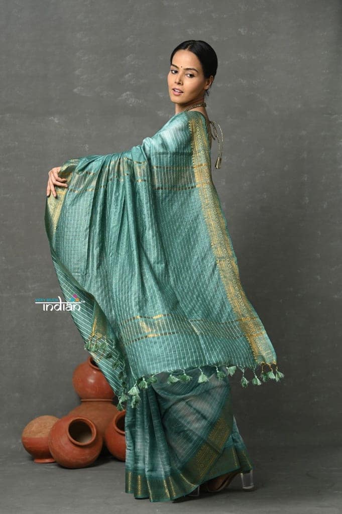 Tyohaar ~ Designer! Cotton Viscose Hand Dyed Saree With Sleek Border - Squalane Green view 2