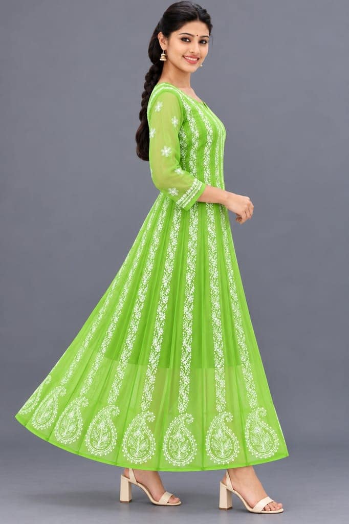 Mrs Right Women’s Lucknowi Chikankari Anarkali Kurta in Soft Georgette | Handcrafted Floral Embroidery | 3/4 Sleeves | 45 Inch Length | 74 Inch Flare | Festive Ethnic Wear view 3