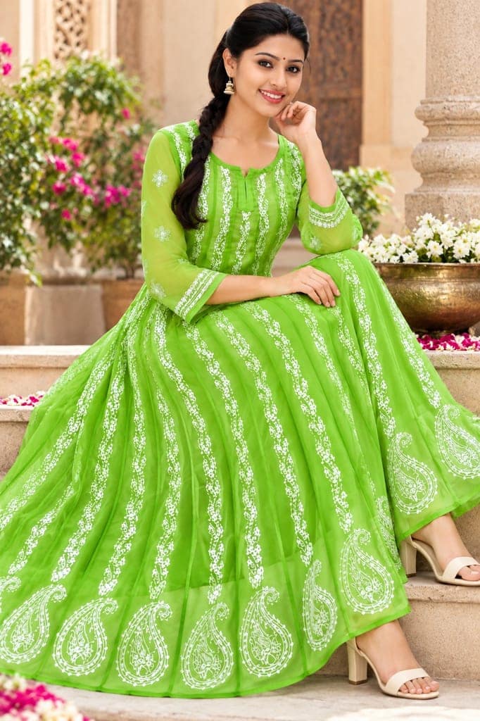 Mrs Right Women’s Lucknowi Chikankari Anarkali Kurta in Soft Georgette | Handcrafted Floral Embroidery | 3/4 Sleeves | 45 Inch Length | 74 Inch Flare | Festive Ethnic Wear view 5