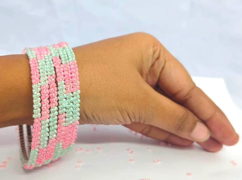 FSH Pink And Green Bead Bangles Set Of 4 view 4