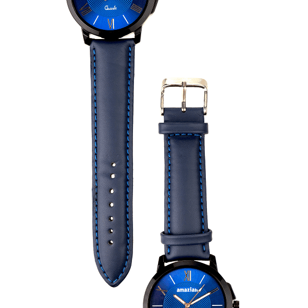 Mens Blue Dial Blue Leather Strap Quartz Wrist Watch view 4
