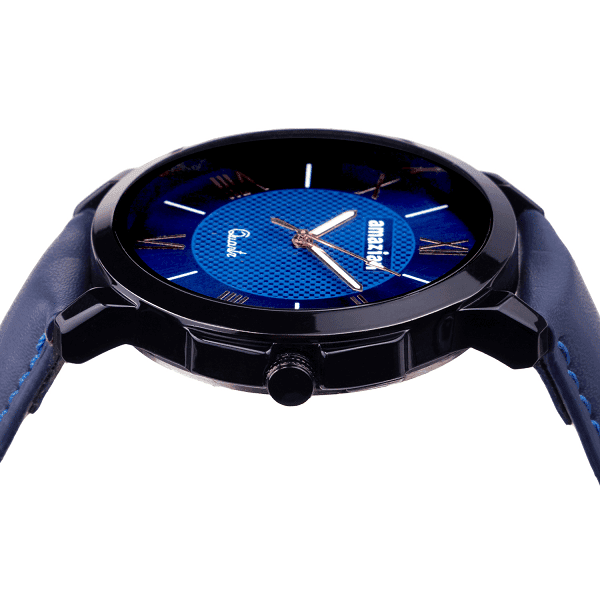 Mens Blue Dial Blue Leather Strap Quartz Wrist Watch view 6
