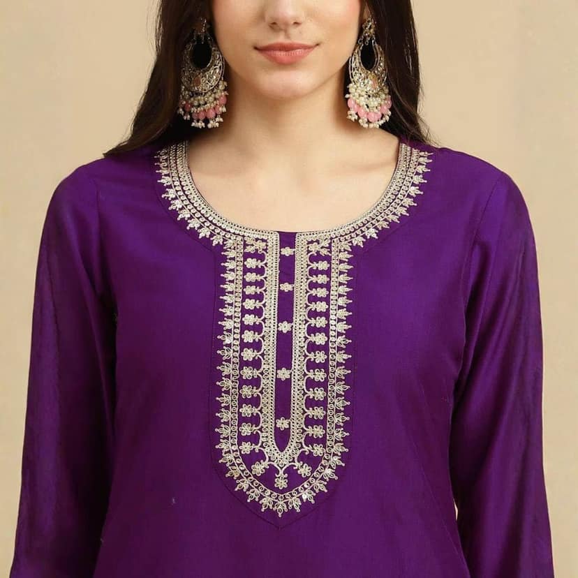 AURELIA Women's Purple Embroidered Kurta Trouser Dupatta Set view 3