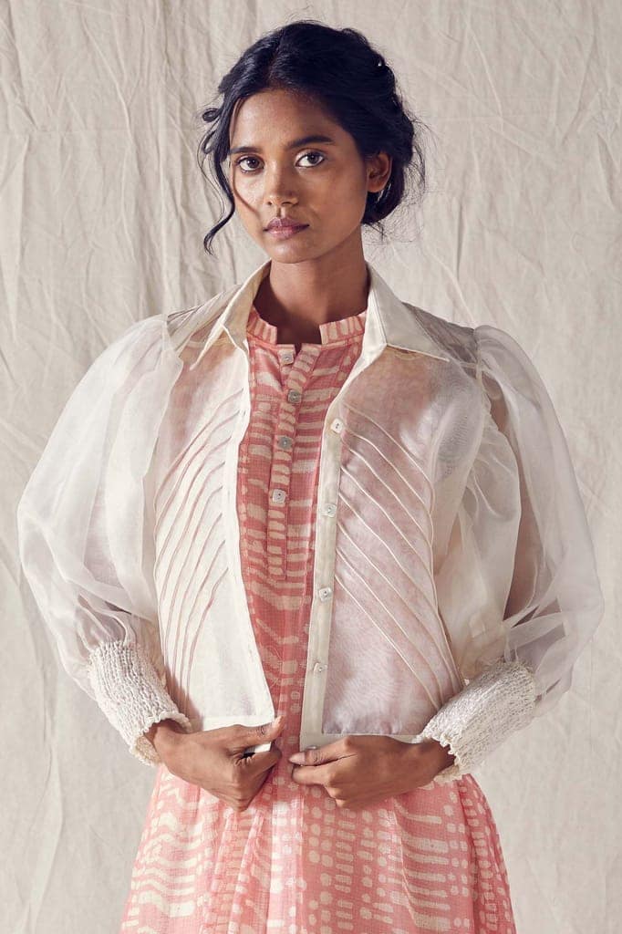 Off White Silk Organza Crop Jacket view 2