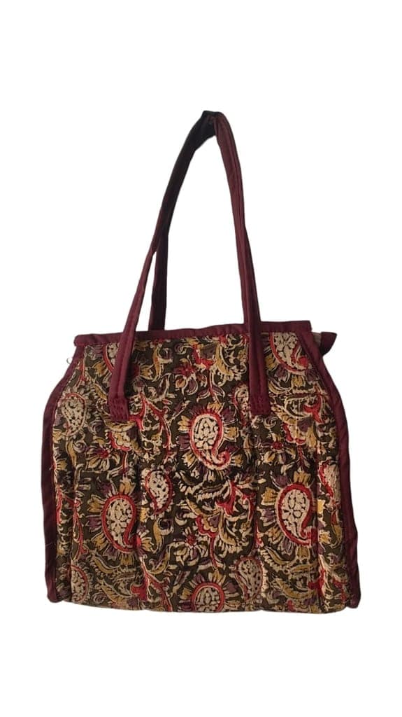 KALANKARI Handcrafted Quilted Cotton Tote Bag with Paisley Print and Maroon Trim view 3