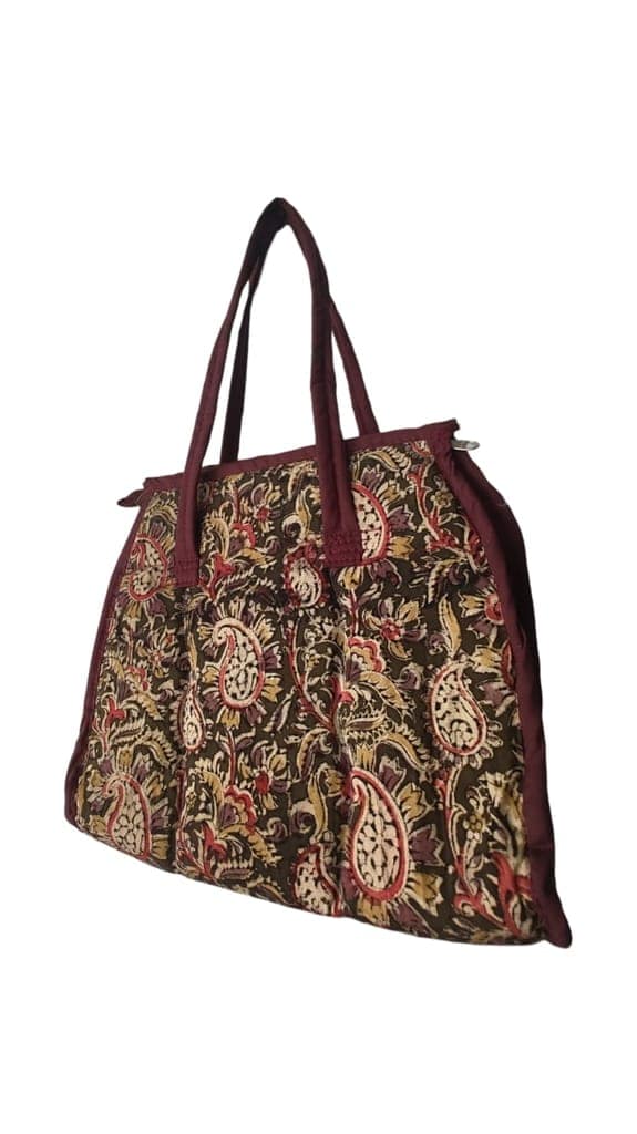 KALANKARI Handcrafted Quilted Cotton Tote Bag with Paisley Print and Maroon Trim view 4