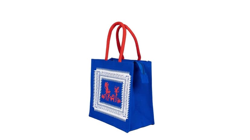 Blue Jute Tote Bag with Red Handles and White Applique Desig