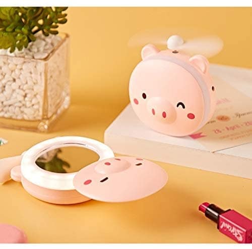 3 in 1 Cute Pink Pig Animal Fast and Convenient USB Charging LED Fill Light Makeup Portable Mirror with Fan view 2