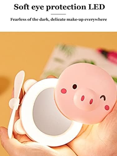 3 in 1 Cute Pink Pig Animal Fast and Convenient USB Charging LED Fill Light Makeup Portable Mirror with Fan view 3