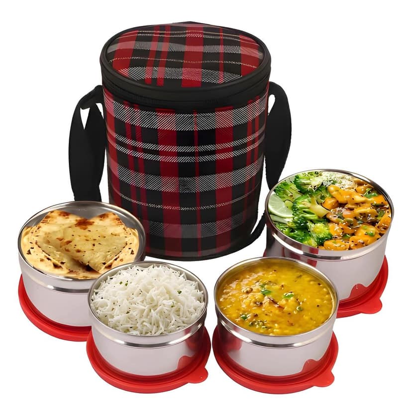 4 Box Tiffin Lunch Box Set with Carry Bag | Stainless Steel Food Container Set for Office, School, College, Travel & Daily Use | Meal Box for Men, Women & Students (Original)