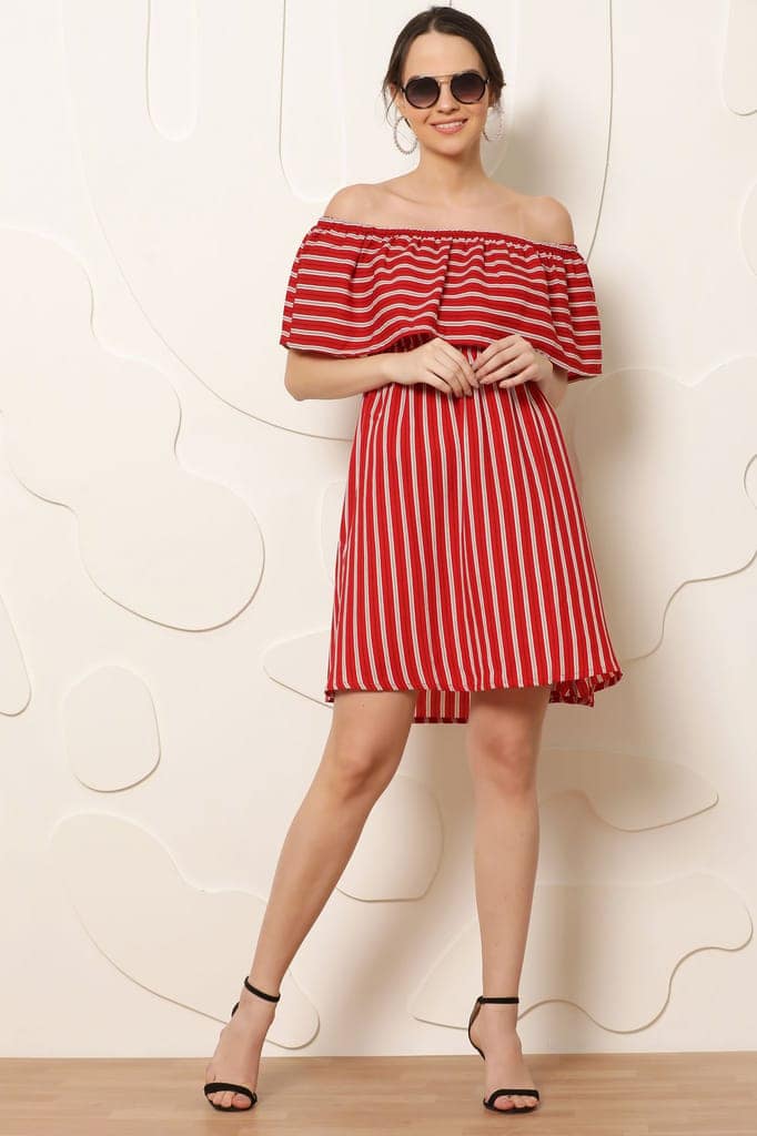 Women Red & White Striped Off-Shoulder A-Line Dress view 3