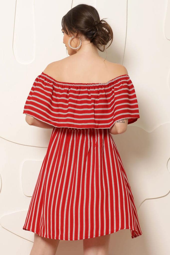 Women Red & White Striped Off-Shoulder A-Line Dress view 5