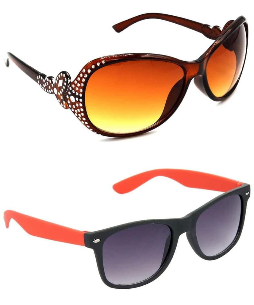 Hrinkar Unisex Round Sunglasses Silver & Red Frame, Brown & Grey Lens (Medium) - Pack of 2