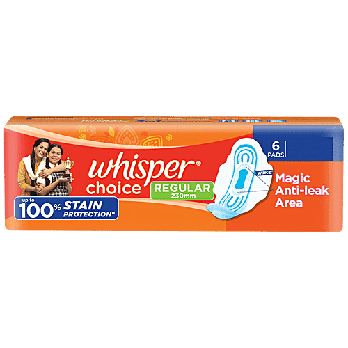 Whisper Choice Sanitary Pads With Wings 100% Stain Protection Regular - 6 pcs