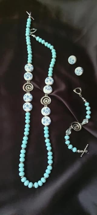 Blue Beaded Necklace and Earring Set with Silver Accents