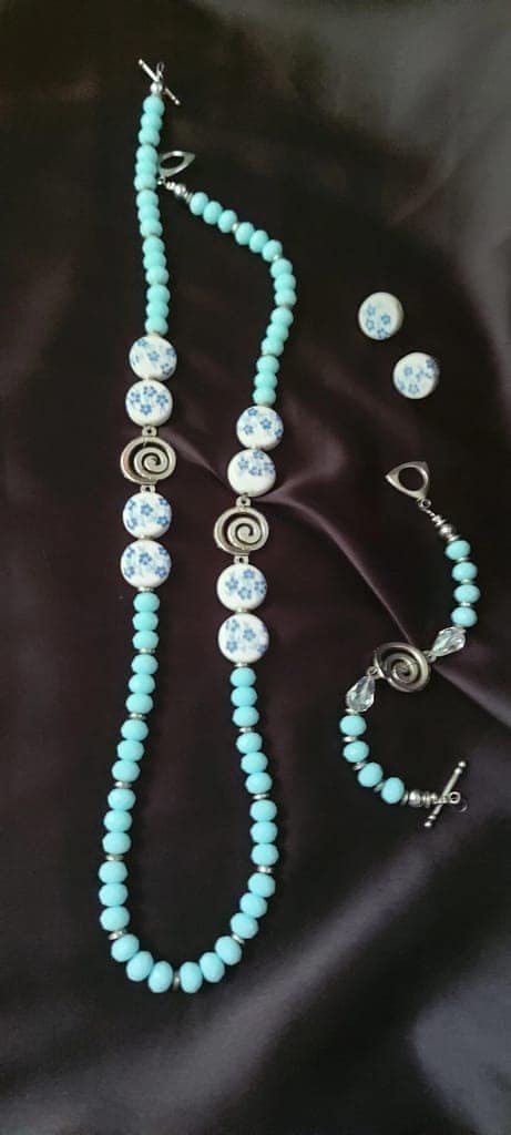 Blue Beaded Necklace and Earring Set with Silver Accents