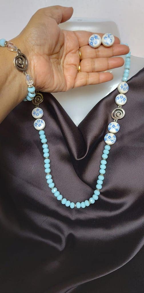 Blue Beaded Necklace and Earring Set with Silver Accents view 2