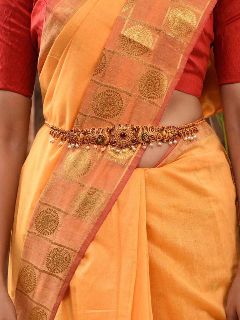 Gold Plated Kemp stone studded Pearl Beaded Peaacock design Hip Belt Kamarbandh view 8
