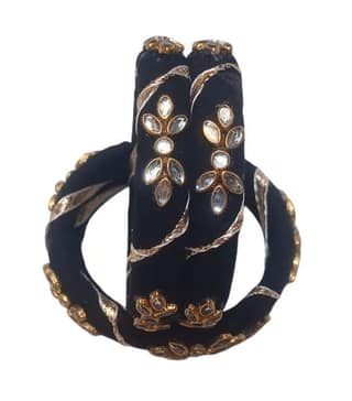 Black Cotton Bangle Set with Kundan Stones