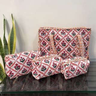Mughal Meadow Block Print Quilted Cotton Tote Bag With Pouch Set Of 4 Orange 15"X15"