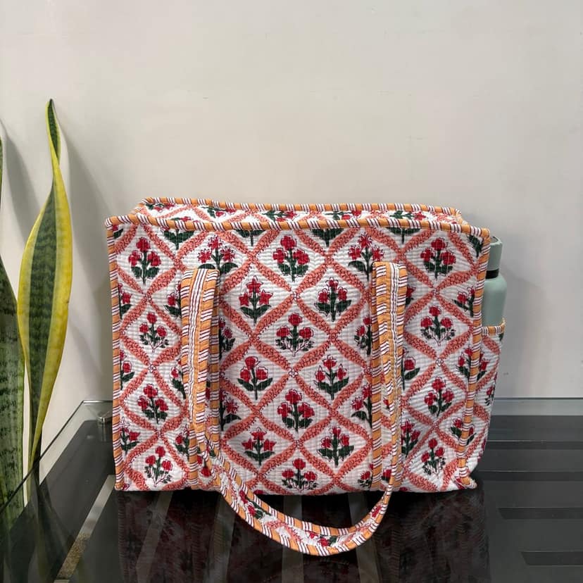 Mughal Meadow Block Print Quilted Cotton Tote Bag With Pouch Set Of 4 Orange 15"X15" view 2