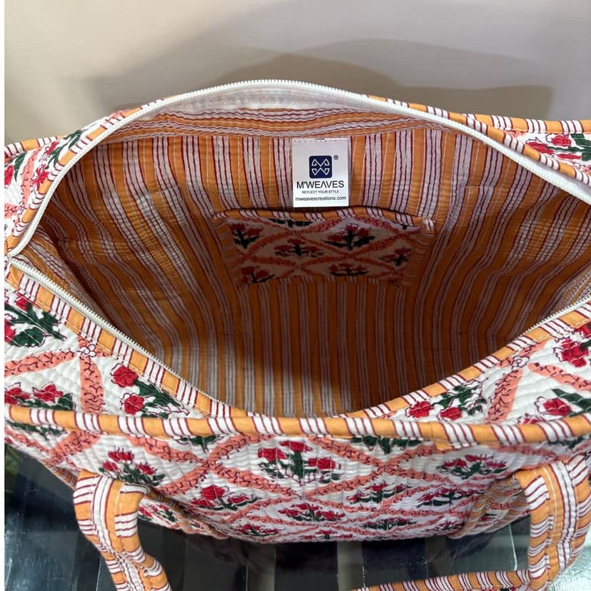 Mughal Meadow Block Print Quilted Cotton Tote Bag With Pouch Set Of 4 Orange 15"X15" view 4