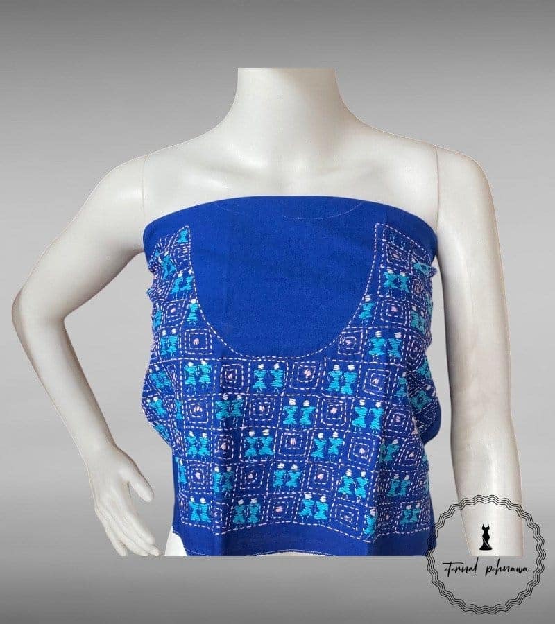 Blue Bengal Kantha Hand Embroidered Blouse Piece for Sarees