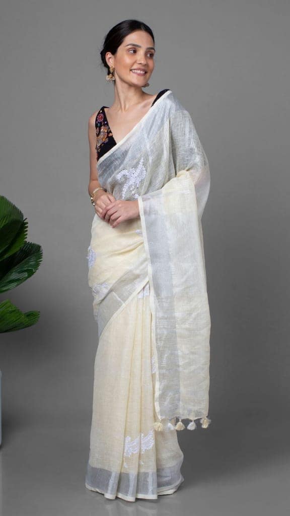 Pure Linen Embroidered Handloom Off White Saree with Running Blouse Handcrafted-3467 view 5