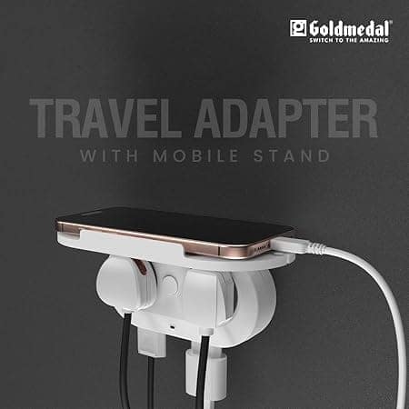 Goldmedal Wall-E-3 Pin Plug Travel Adaptor with Mobile Stand | Universal Sockets | Multiplug for Home & Office Appliances | Supports 2-Pin & 3-Pin Plugs (Pack of 1) - White view 3