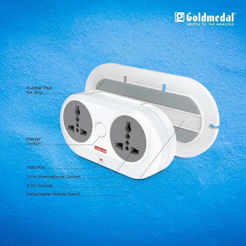 Goldmedal Wall-E-3 Pin Plug Travel Adaptor with Mobile Stand | Universal Sockets | Multiplug for Home & Office Appliances | Supports 2-Pin & 3-Pin Plugs (Pack of 1) - White view 7