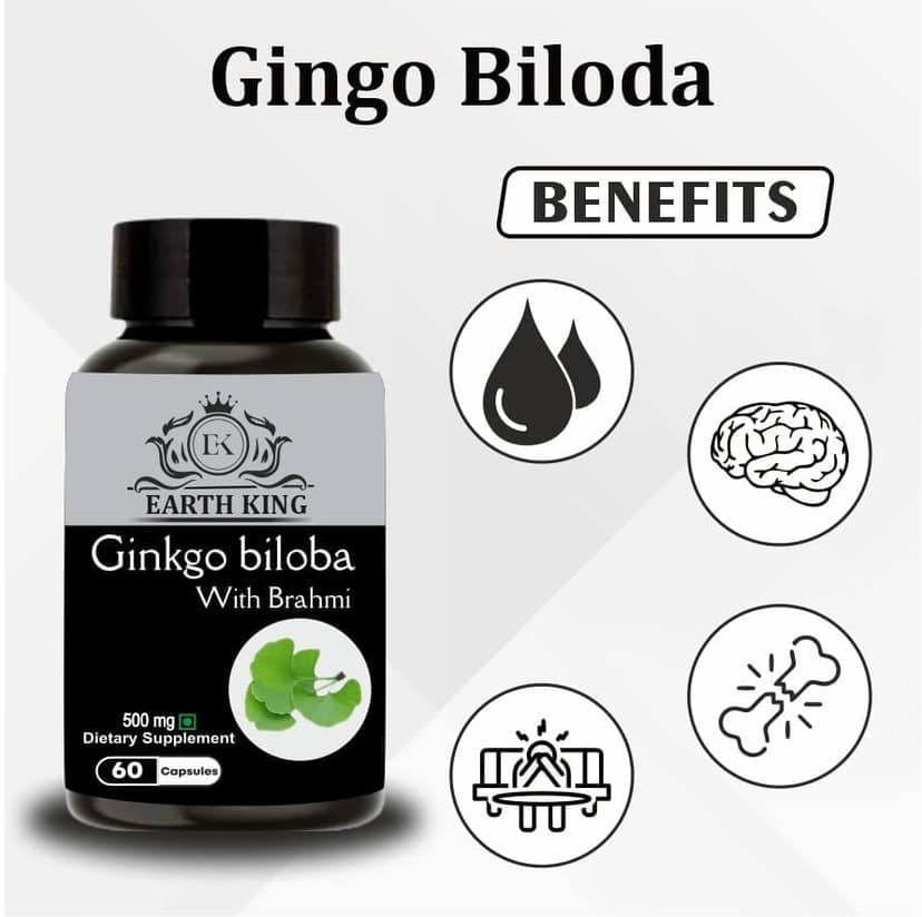 EARTH KING Ginkgo Biloba Capsule with Bramhi Extract Supports Memory & Focus for Men & Women - 500mg 60 Capsules view 2