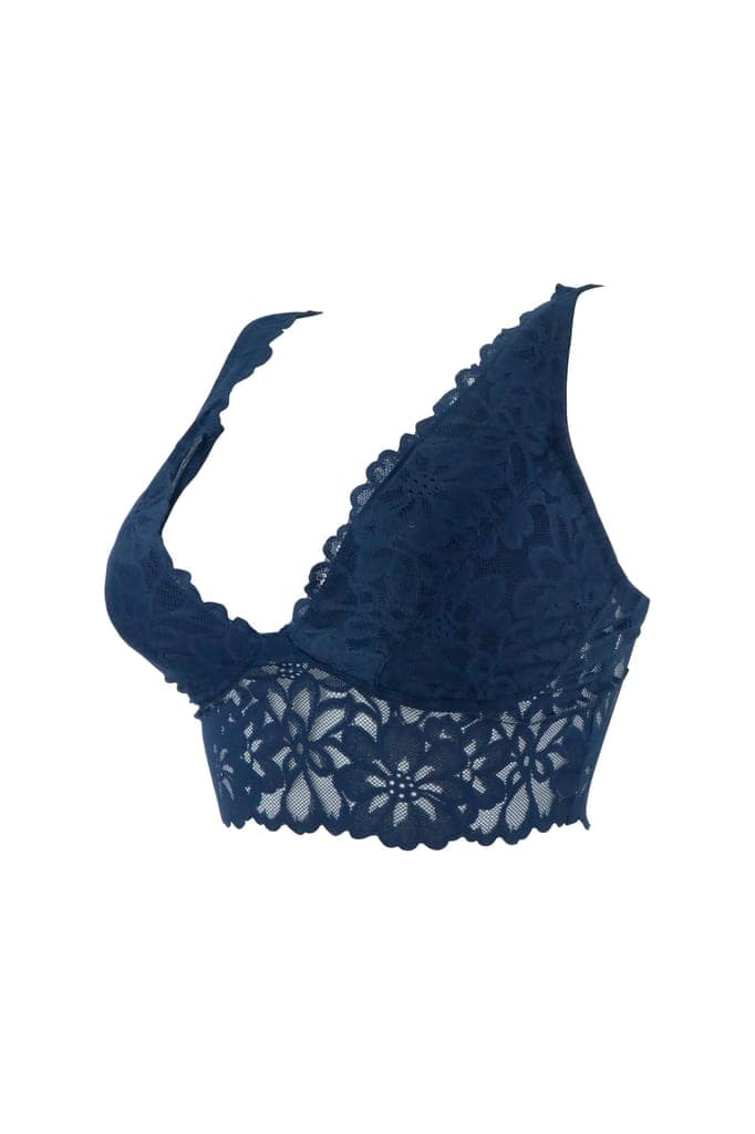 Sheluxe Women’s Floral Lace Longline Bralette with Deep V-Neck, Wire-Free Support, and Adjustable Straps for Everyday Comfort Dark Blue view 3