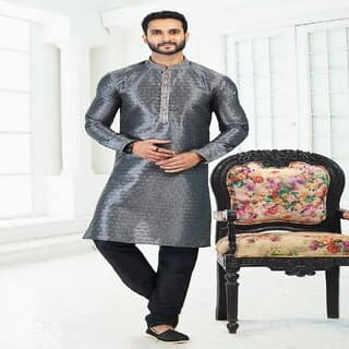 Raivat Ethnic Grey Colour Banarasi Silk Digital Print Kurta Pajama 2070