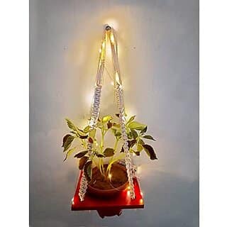 Khush Its Amazing Plant Macrame Hanger Shelf Indoor Hanging Planter Shelf Plant Hanger Shelf Boho Home Decor Cotton Rope with LED Light (Maroon)