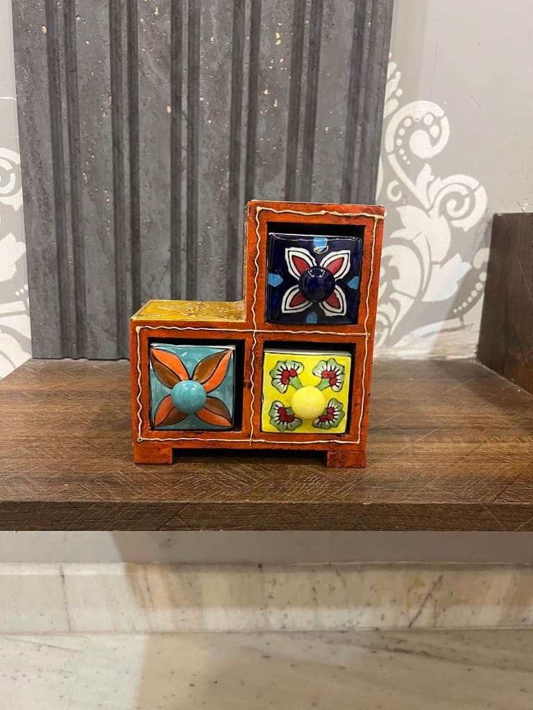 Wooden handpainted vintage look painting 3 Knobs Ceramic Drawer Chest with Wooden Case,Handcrafted Ceramic 3 Drawers and Knobs view 2