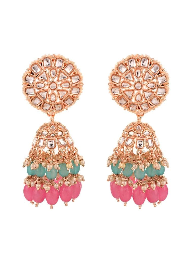 Gold Plated Mint & Pink Kundan studded & Beadded Jhumka Earrings view 2