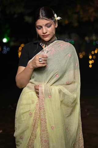 Shwet Yellow Chikankari Kota Cotton Saree