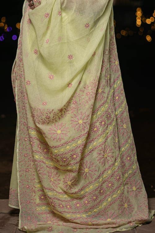 Shwet Yellow Chikankari Kota Cotton Saree view 3