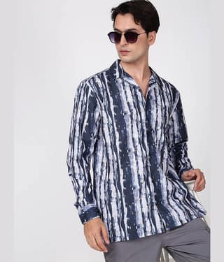 IVOC Poly Cotton Relaxed Fit Printed Full Sleeves Cuban Collar Men's Casual Shirt (Blue)