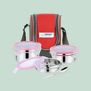 "Steel-Fresh" Stainless Steel Air Tight and Leak Proof Lunchbox-350mlx1,250mlx2 pcs, 100mlx1 and Glass 400ml (Set of 5 Combo)