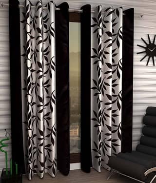 N2C Home Floral Semi-Transparent Ring Rod Curtain 7 ft ( Pack of 2 ) - Brown