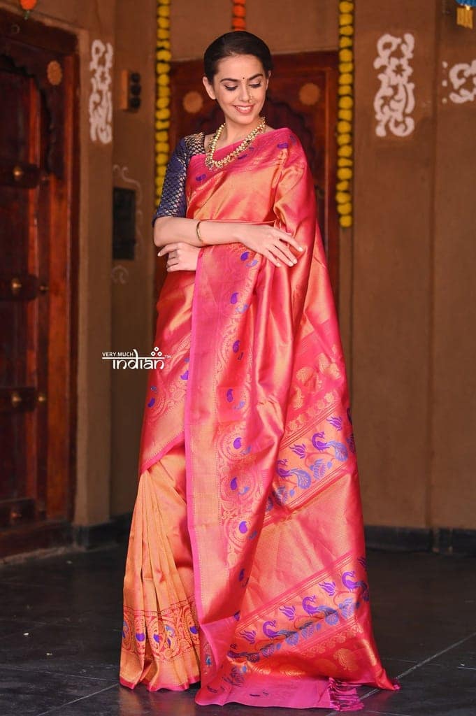 Raaga~ Traditional Handloom Pure Silk Solid Golden Pink Paithani with Peacock Border and Unique Pallu