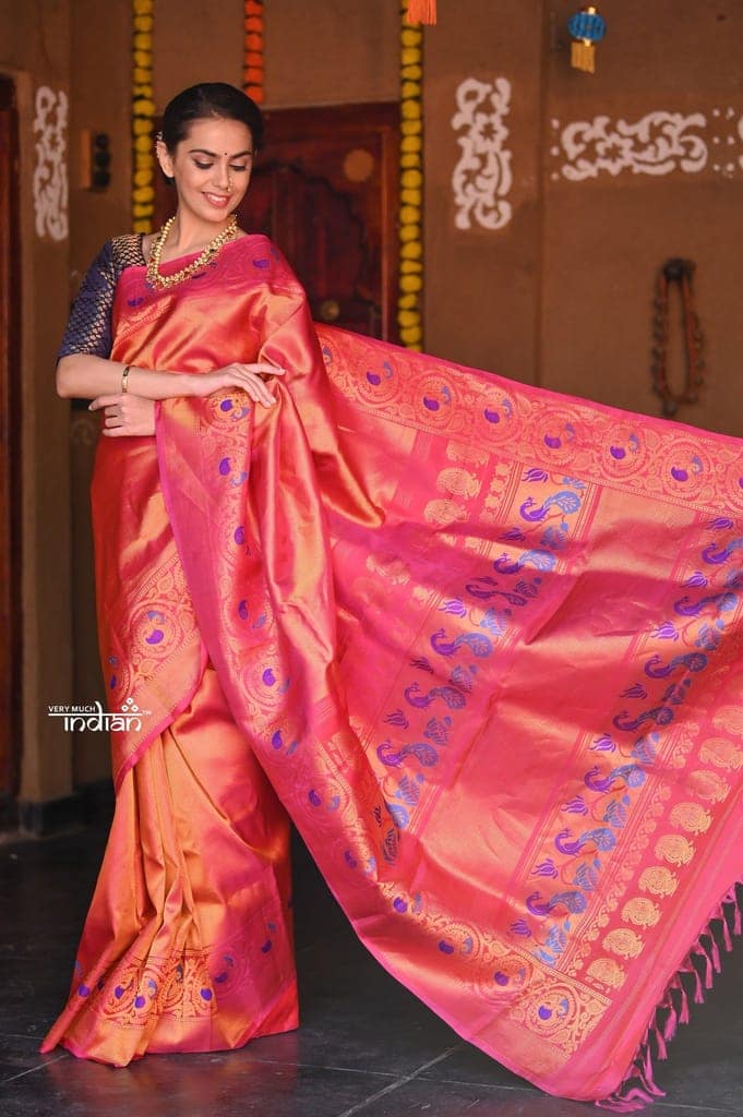 Raaga~ Traditional Handloom Pure Silk Solid Golden Pink Paithani with Peacock Border and Unique Pallu view 2