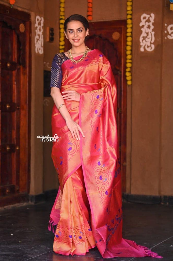 Raaga~ Traditional Handloom Pure Silk Solid Golden Pink Paithani with Peacock Border and Unique Pallu view 3