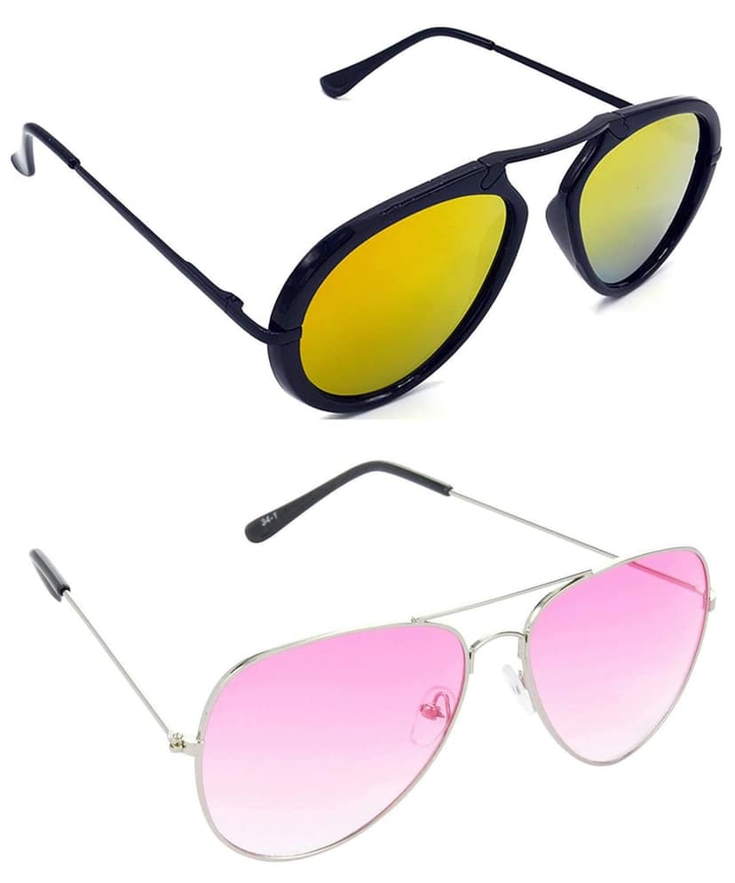 HRINKAR Unisex Wrap-around Sunglasses Black & Silver Frame, Golden & Pink Lens (Medium) - Pack of 2