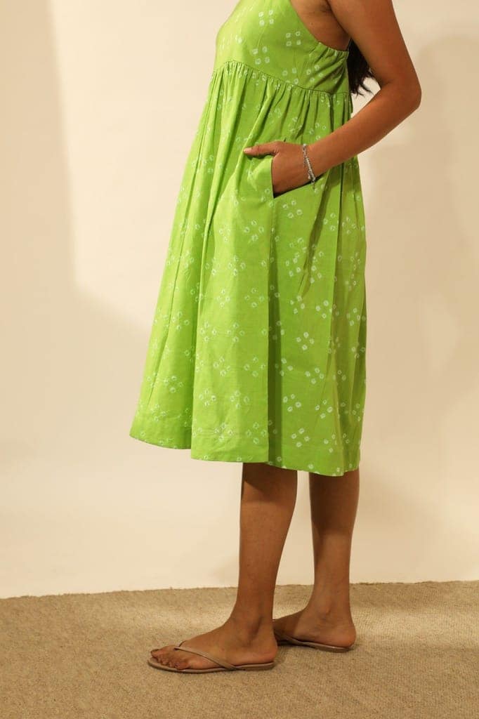 Bandhani Strappy Knee Length Dress In Lime Green view 6
