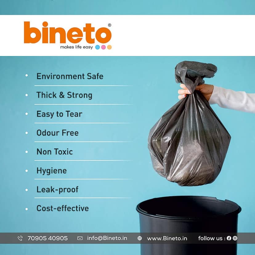 Bineto Brand , Oxo-Biodegradable Garbage Bags, Extra Large size - 76 CM X 91 CM(30 x 37 inches) - 15 bags/roll (Pack of 3, Black) view 2